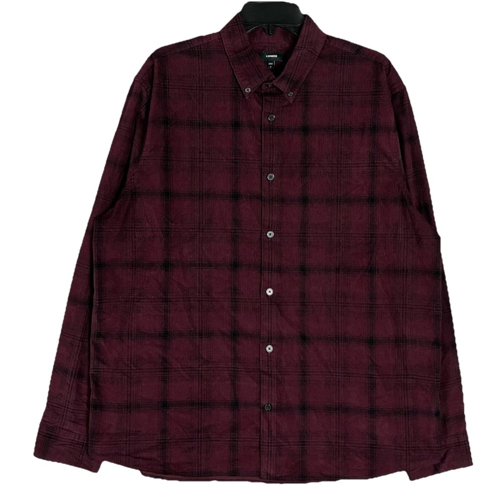 Express Corduroy Button Shirt Men XL Red Black Plaid Long Sleeve
